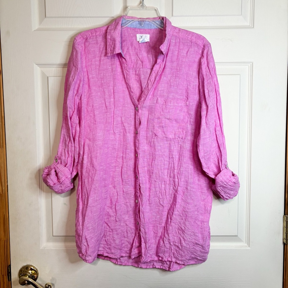Sigrid Olsen 100% Linen Pink Button Up Roll Up Long Sleeve Shirt Size L